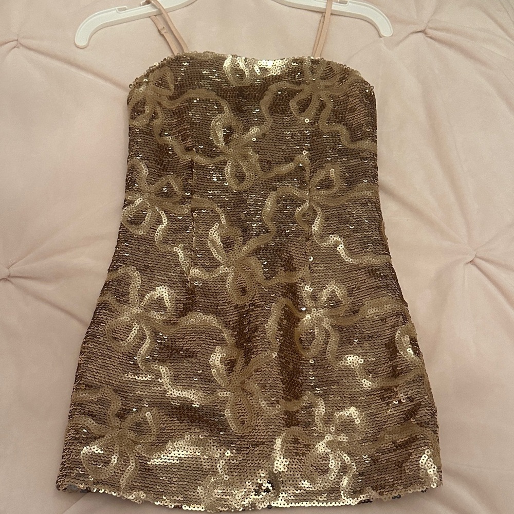 LoveShackFancy Gold Sequin Mini Slip Dress